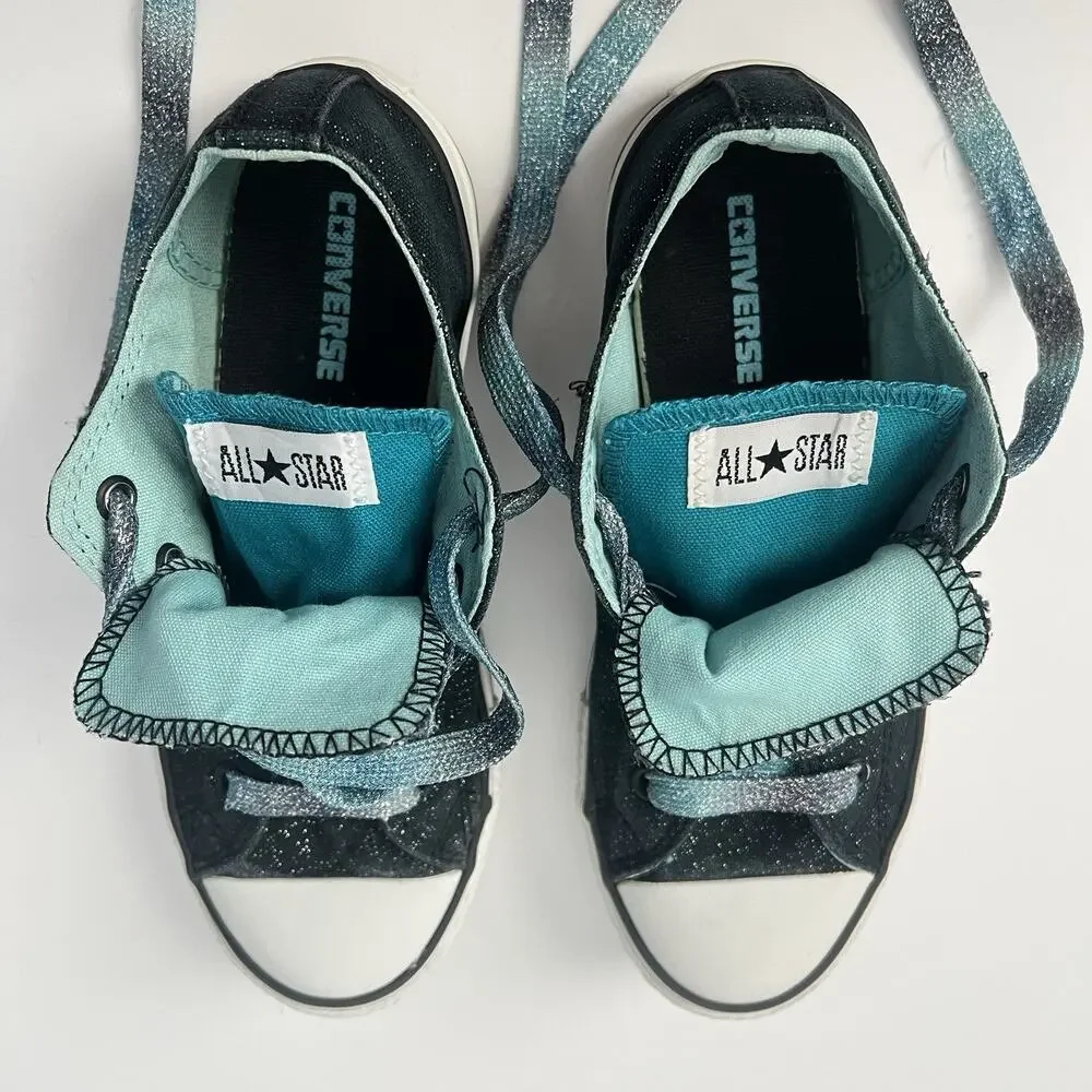Converse All Star Double Tongue Lace Sneakers Black Blue Sparkle Junior Girl 2